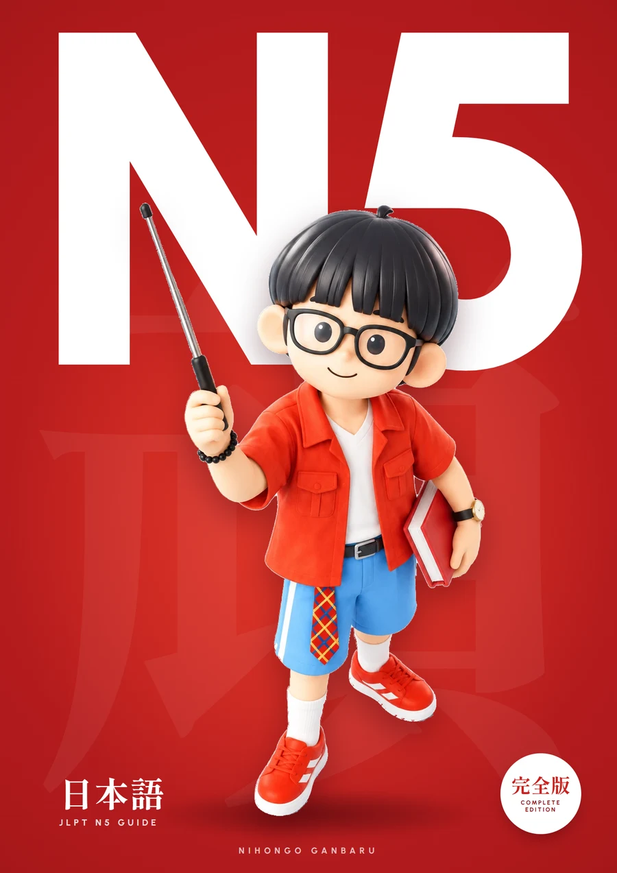 Cover Ebook JLPT N5 完全版 dengan maskot Nihongo Ganbaru 3D