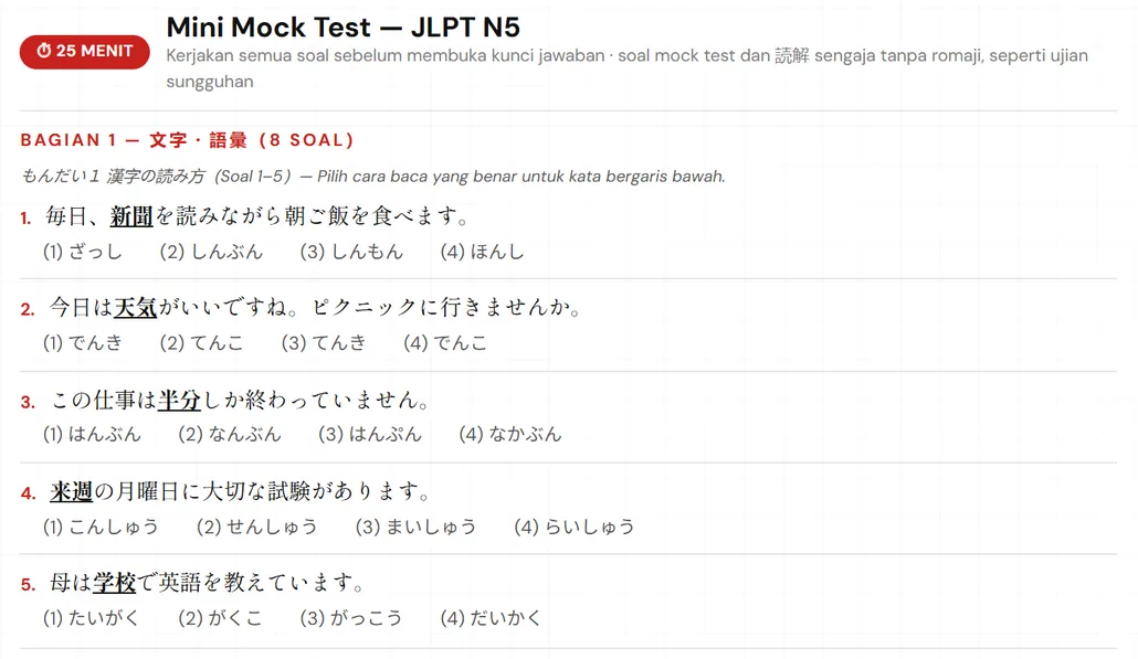 Halaman Mini Mock Test JLPT N5 dengan batas waktu 25 menit