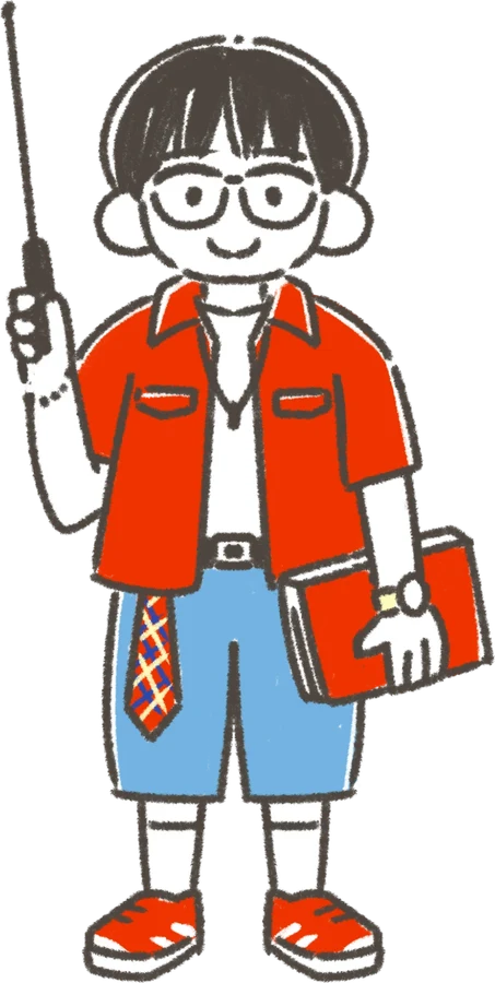 Maskot Nihongo Ganbaru: sensei berkacamata memegang tongkat penunjuk dan buku merah